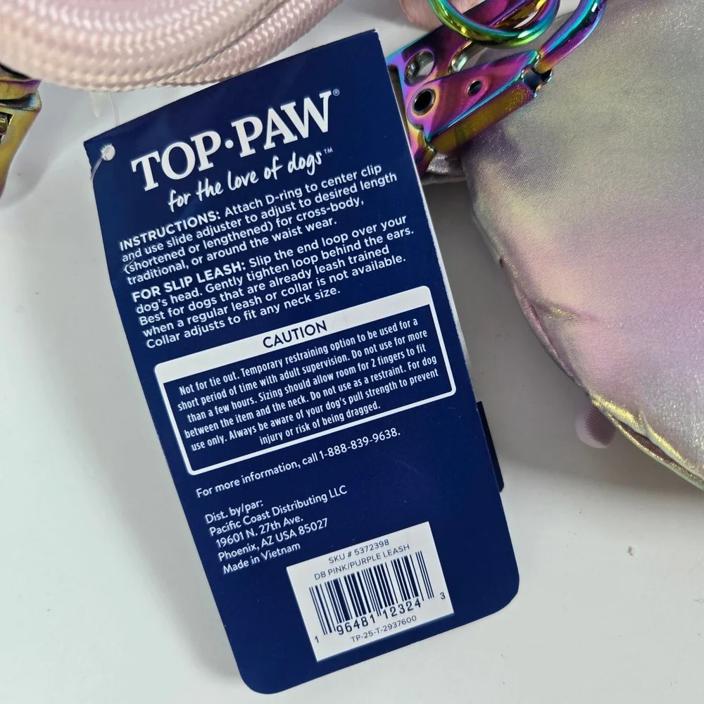 Top Paw Multi-Wear Leash Pouch Pink Purple Iridescent Hands-Free 8ft Pet Gear